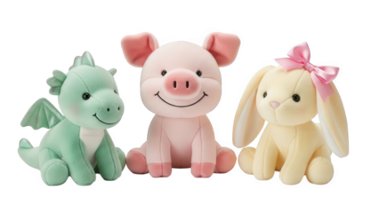 Adorable Plush Toys Trio: Green Dragon, Pink Pig, and Cream Bunny with Pink Bow on Black Background