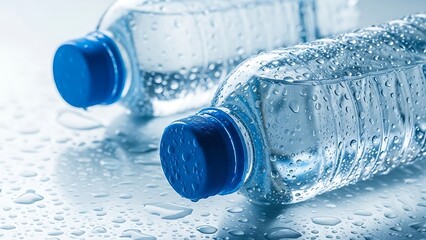 Two cold plastic water bottles resting on a wet surface closeup
