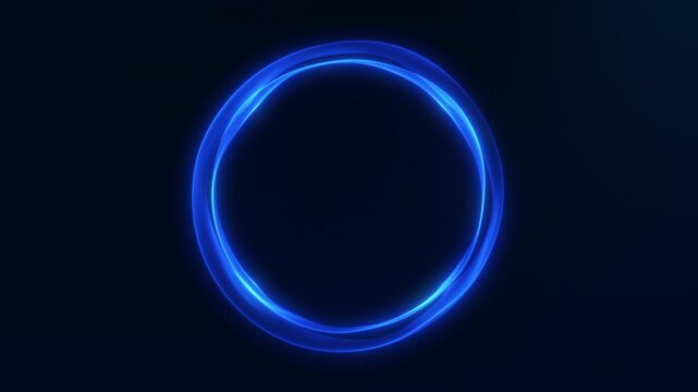 Abstract blue glowing energy ring forming a smooth circular motion on dark background, futuristic sphere, digital halo loop with soft light flow and sci fi depth