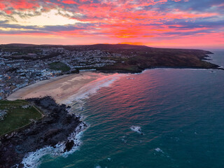 Vibrant twilight elevated capture of St Ives town, bay and beaches in Cornwall, UK