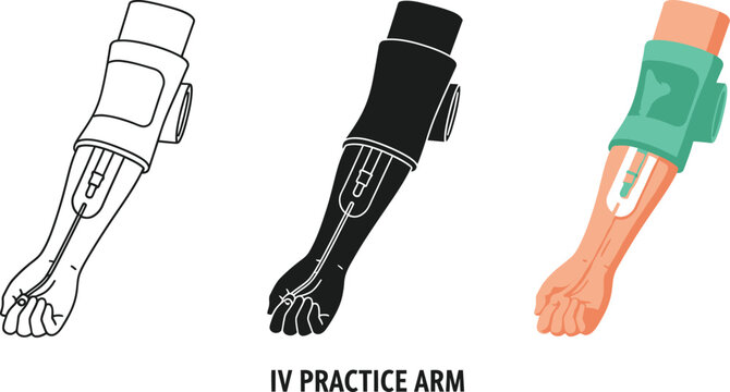 Set of IV practice arm illustrations showing medical training equipment for intravenous infusion in outline silhouette and color vector styles