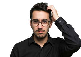 Obraz premium Man with glasses scratching head isolated on transparent background