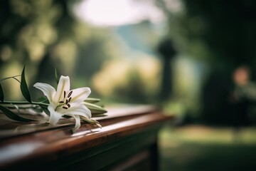 White lily on polished wooden casket, respectful mood, blurred greenery background, funeral concept