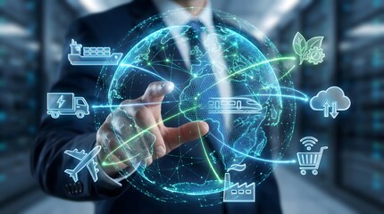 Global,supply,chain,logistics,management,concept,businessman,touching,digital,world,map,with,transportation,icons,connected,international,shipping,network,technology,efficiency,system