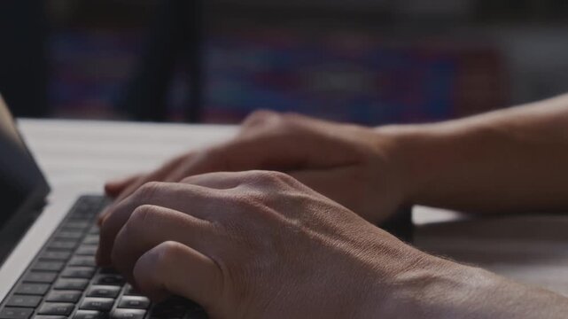 Close up of male hands alternating between resting and typing on a laptop keyboard. Natural posture, calm rhythm and focused everyday computer activity indoors. High quality 4k footage