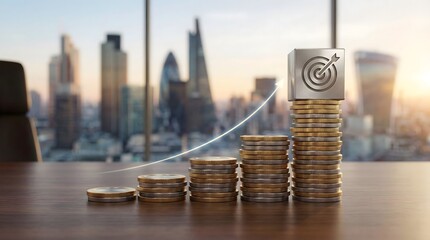 Increasing stacks of gold coins with a target icon on top against a blurred city skyline,concept of financial goals,business growth,investment success and wealth accumulation strategy
