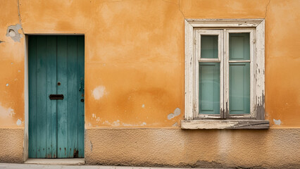 Aged architecture featuring a weathered wooden door and window against an orange facade offering a
