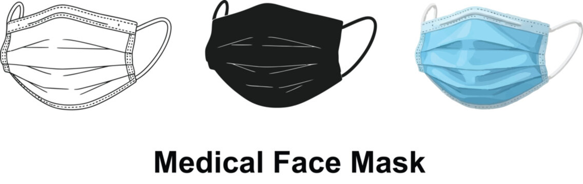 Collection of medical face masks including a sketch black and blue surgical masks isolated on white background for healthcare concepts