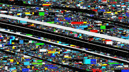 Complex digital rendering displaying vibrant fragmented elements with contrasting lines