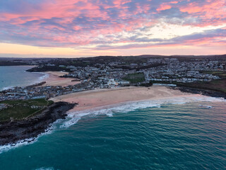 Vibrant twilight elevated capture of St Ives town, bay and beaches in Cornwall, UK
