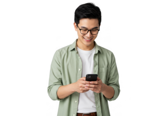 Young man wearing glasses texting on his smartphone isolated on transparent background
