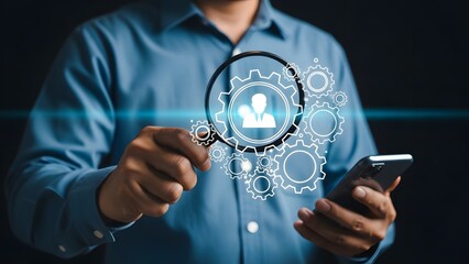 Man interacting with digital interface on phone and magnifying glass