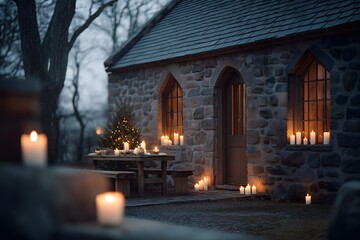 A quaint stone cottage warmly illuminated by candles exudes a sense of peace and tranquility, creating a scene of coziness and holiday cheer amidst the tranquil natural surroundings.