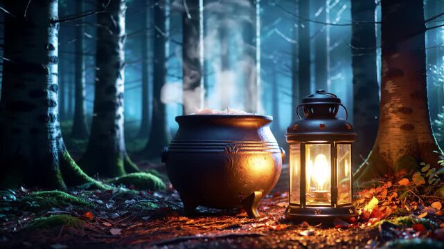 A mystical forest scene at dusk features a steaming cauldron beside a lantern