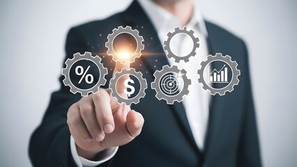 Businessman interacting with financial and percentage icons