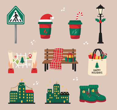 Christmas City Scene Elements Collection.