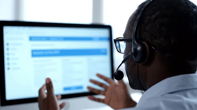 Tech support, computer screen and phone call with black man, headset and consultant in customer service from back. Help, telecom and virtual assistant at callcenter with conversation at crm office.
