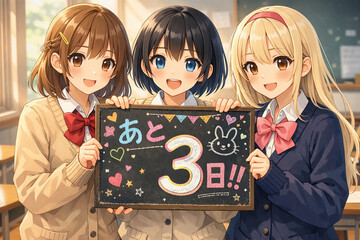 あと3日のカウントダウンをするアニメ美少女3人　教室で黒板を持つ可愛い学生イラスト
