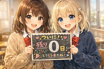 あと0日で完成を知らせるアニメ美少女2人　教室で黒板を持つ当日カウントダウンイラスト
