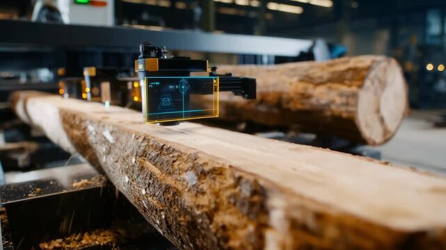 Medium shot of a cutting edge laser measurement system precisely dimensioning a freshly cut log in a hightech industrial setting.