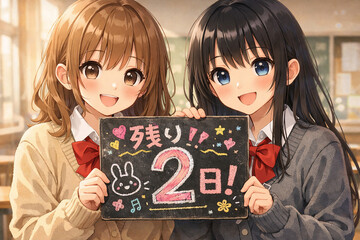 あと2日のカウントダウンを知らせるアニメ美少女2人　教室で黒板を持つ可愛い学生イラスト
