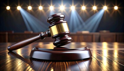 Polished metallic gavel on sound block under dramatic spotlight, symbolizing legal authority and courtroom justice.