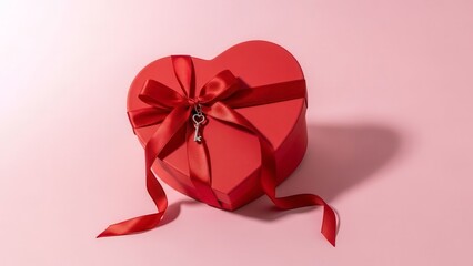 Red heart shaped gift box with satin ribbon bow on pink background, perfect for Valentine's surprises, romantic proposals, anniversary presents and love themed advertising.