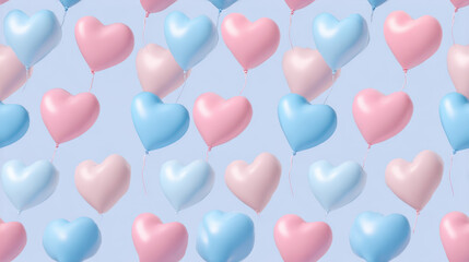 Soft pastel heart balloons seamless pattern on light blue background, romantic valentine illustration with floating balloons for celebrations and love themed designs