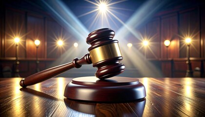 Polished metallic gavel on sound block under dramatic spotlight, symbolizing legal authority and courtroom justice.