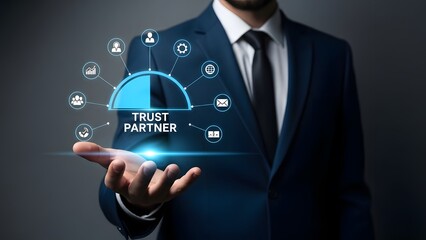 Businessman presenting trust partner concept with digital icons