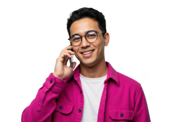 Asian man wearing glasses and pink shirt talking on phone isolated on transparent background