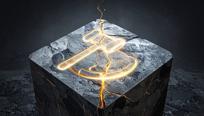 Cracked stone cube with glowing justice-gavel symbol, merging ancient texture and modern legal iconography.
