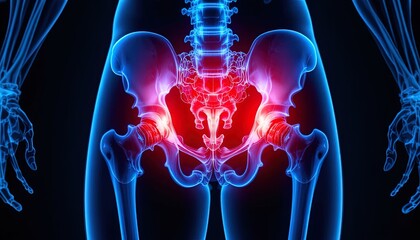 Human pelvis and lower back anatomy with highlighted pain areas