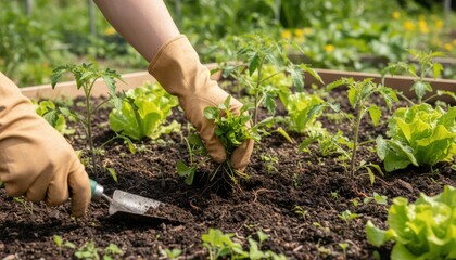 Closeup medium shot of hands manually removing weeds from a garden bed highlighting ecofriendly chemicalfree weed control techniques.