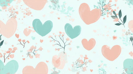 Seamless pastel illustration of soft hearts and delicate floral branches on light mint background romantic spring valentine pattern for cards textiles and stationery