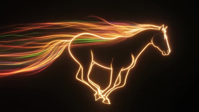 Cinematic abstract opening video inspired by the power and freedom of horse movement, expressed through flowing light and energy forms. Ideal for cinematic intros and brand openers.