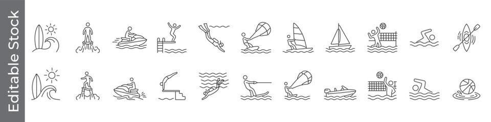 Water sports and beach activities icon set &ndash; editable outline symbols of surfing, jet ski, diving, windsurfing, sailing, swimming and volleyball