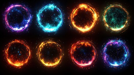 Eight colorful energy circles against a dark background, glowing with light and sparkles