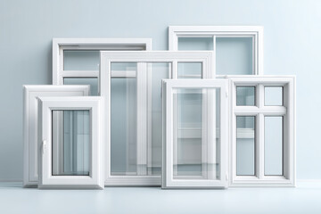 This scene features multiple plastic window frames displayed against a white background, highlighting their diverse styles for home improvement projects