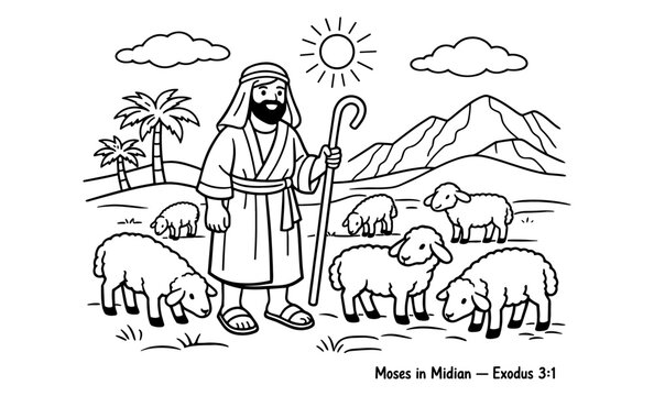 Biblical illustration of Moses tending sheep in the wilderness of Midian under a bright sun