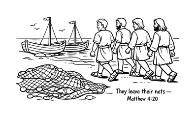 Jesus calls disciples to follow him leaving their fishing nets behind