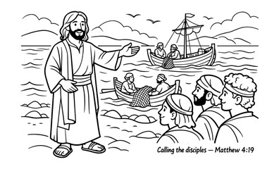Jesus calls fishermen to be disciples by the sea of Galilee