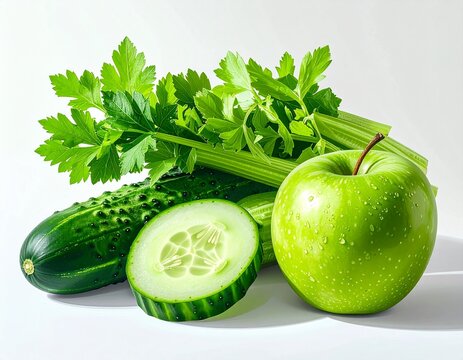 Fresh green detox vegetables and apple, cucumber slices with celery and green apple isolated on white background.