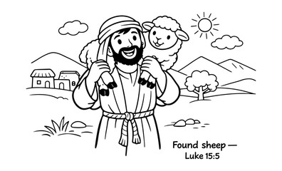 Joyful shepherd carries lost sheep on shoulders in a pastoral landscape