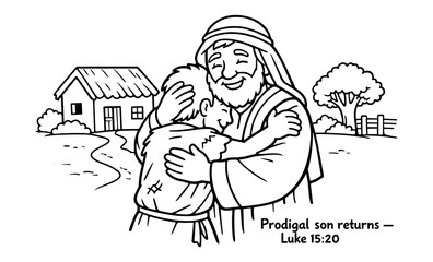 The prodigal son returns home and is embraced by his father in a heartwarming reunion