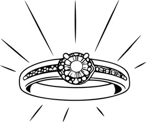 Diamond engagement ring illustration with sparkling rays, hand-drawn vector art style.