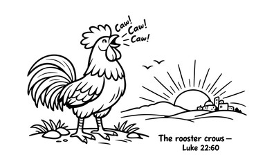 Cartoon rooster crows at sunrise, symbolizing a biblical event from Luke 22:60