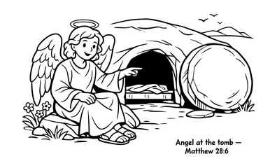 Joyful angel announces resurrection from empty tomb, Matthew 28:6