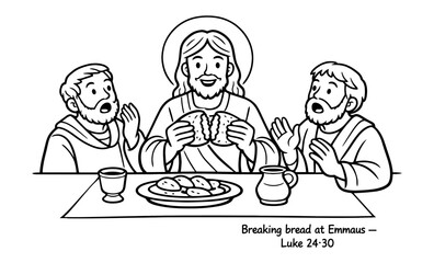 Jesus breaks bread with disciples at Emmaus, recognizing him in the act