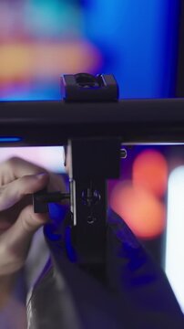 Person remove light tube from wall pole on video production set close-up